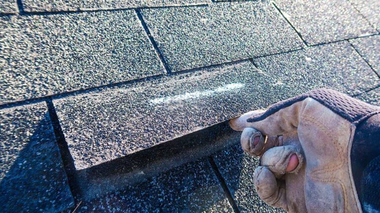 A person cleaning leaf debris from a house gutter with gloves and a small trowel.