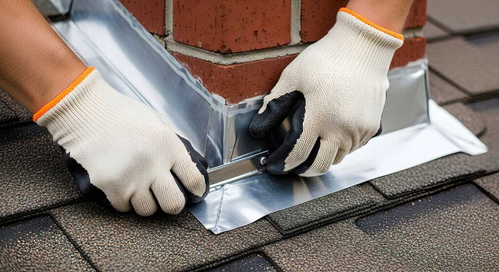 Homeowner examining roof shingles and flashing from the ground beside a house with a notepad.