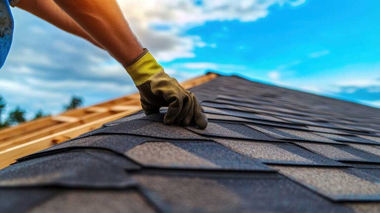 Homeowner inspecting roof shingles and clearing autumn leaves from a gutter beside a two-story house.