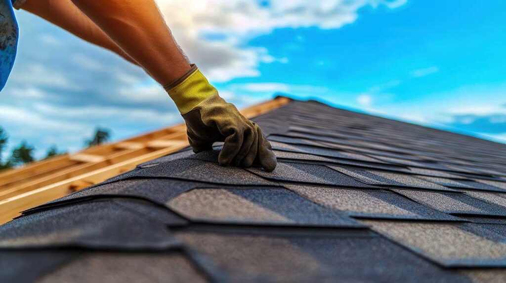 A homeowner examining insulation and roof ventilation baffles in a residential attic.