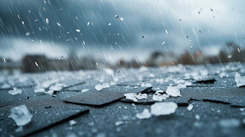 Wind-blown shingles and small branches scattered across a residential roof after a storm.