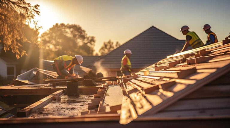 Roof shingles with uneven rows and loose flashing beside a damp attic inspection area.