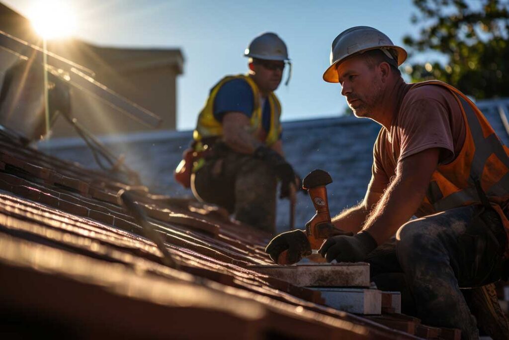 A homeowner examines hail dents and missing granules on asphalt shingles beside scattered roof debris.