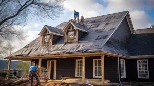 Roofing worker examines plywood roof decking beneath removed shingles near attic framing.