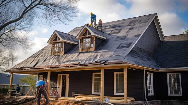 Roofing worker examines plywood roof decking beneath removed shingles near attic framing.