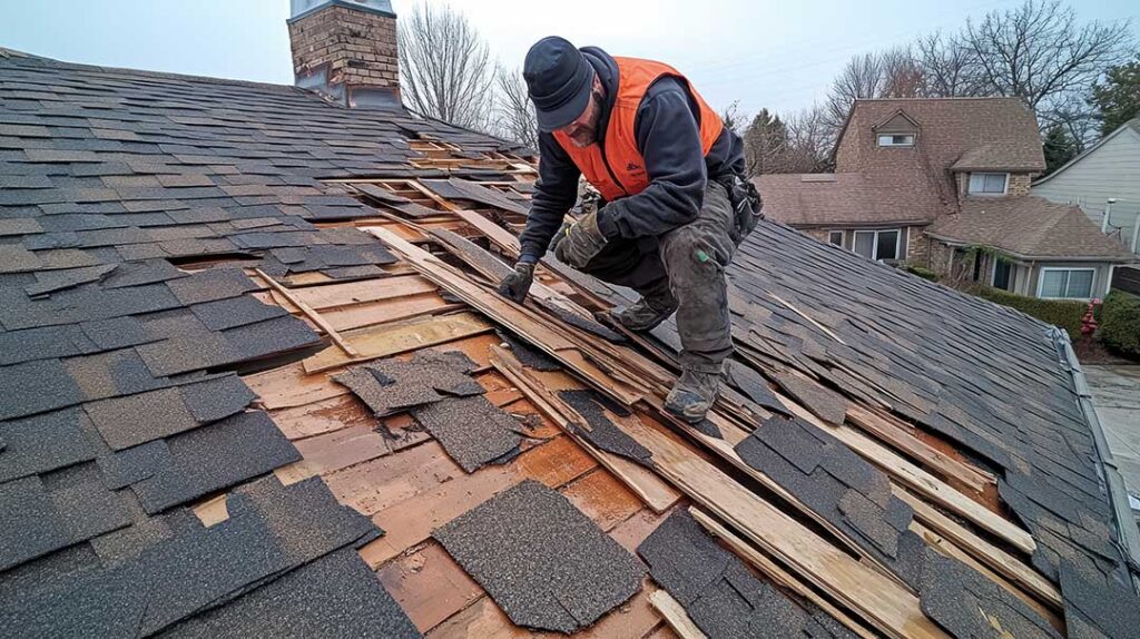 Roofing worker unrolling protective underlayment across a wood roof deck beneath unfinished shingles.