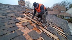 Roofing worker unrolling protective underlayment across a wood roof deck beneath unfinished shingles.