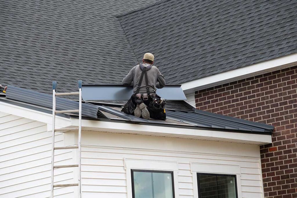 A homeowner examines dark algae streaks and green moss on asphalt shingles from the ground.