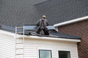 A homeowner examines dark algae streaks and green moss on asphalt shingles from the ground.