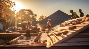 Homeowner reviews a roofing contract and inspection photos at a kitchen table.